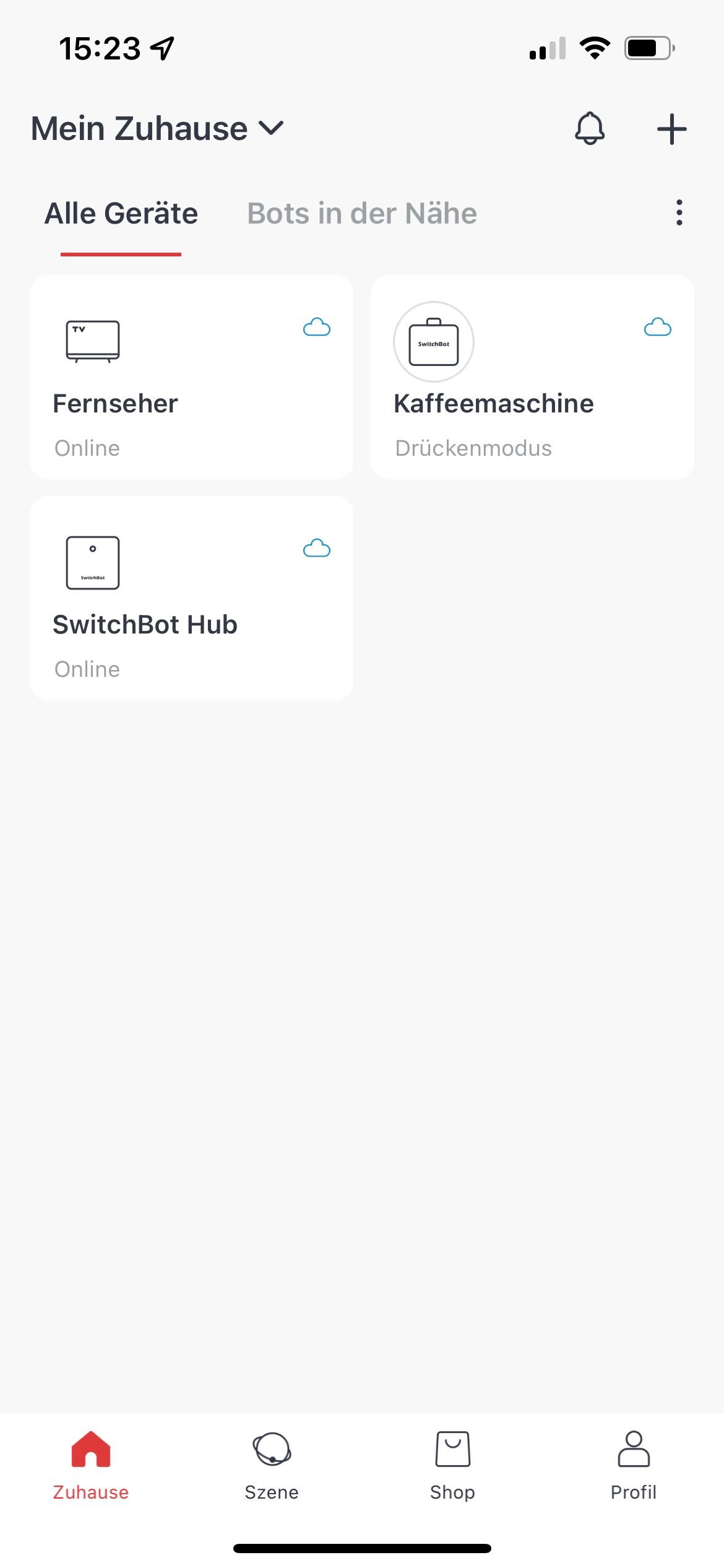 Screenshot der SwitchBot-App nach der initialen Einrichtung